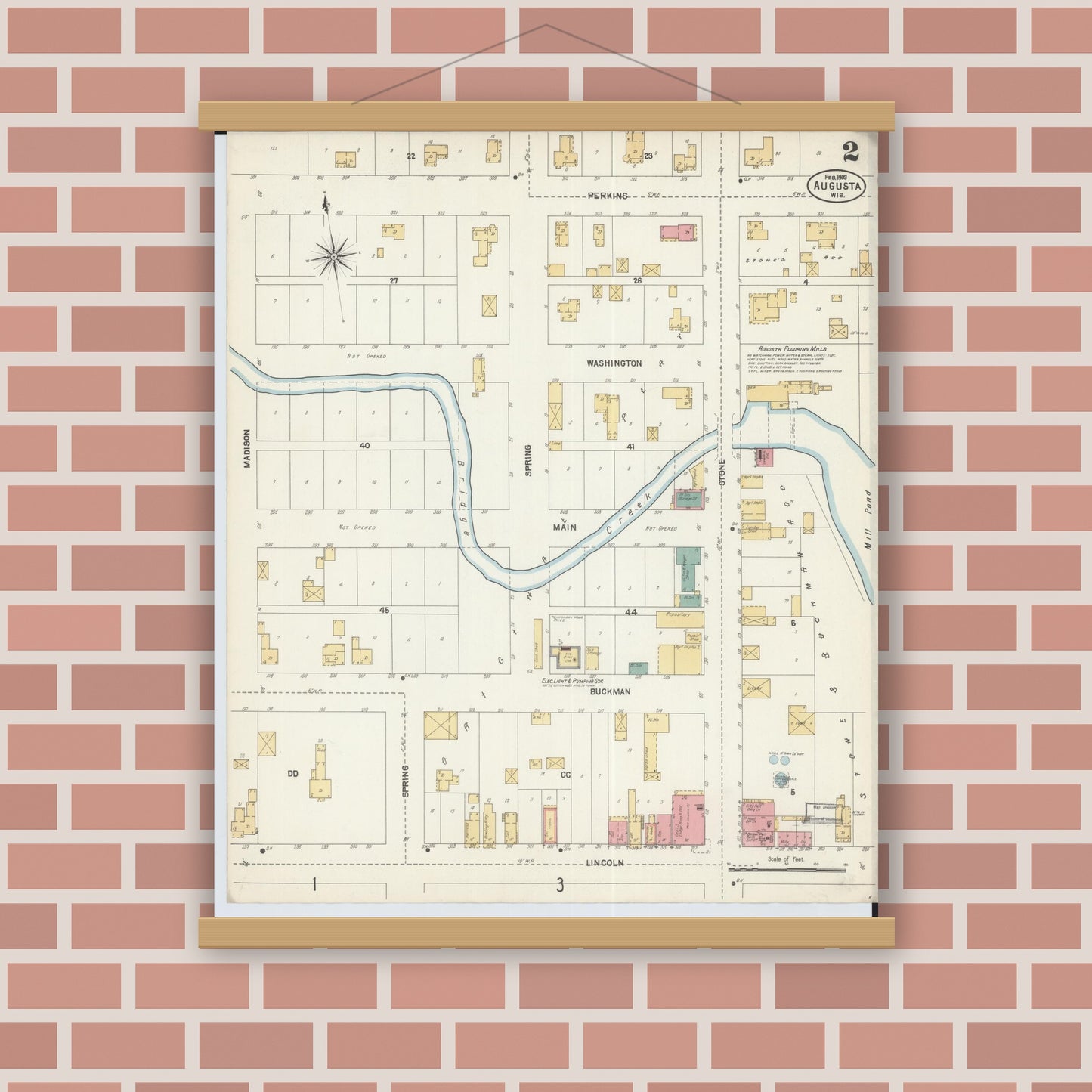Old map wall art mockup — magnetic wood frame on brick wall — Sanborn Fire Insurance Map from Augusta, Eau Claire County, Wisconsin (1903), Sheet #0002