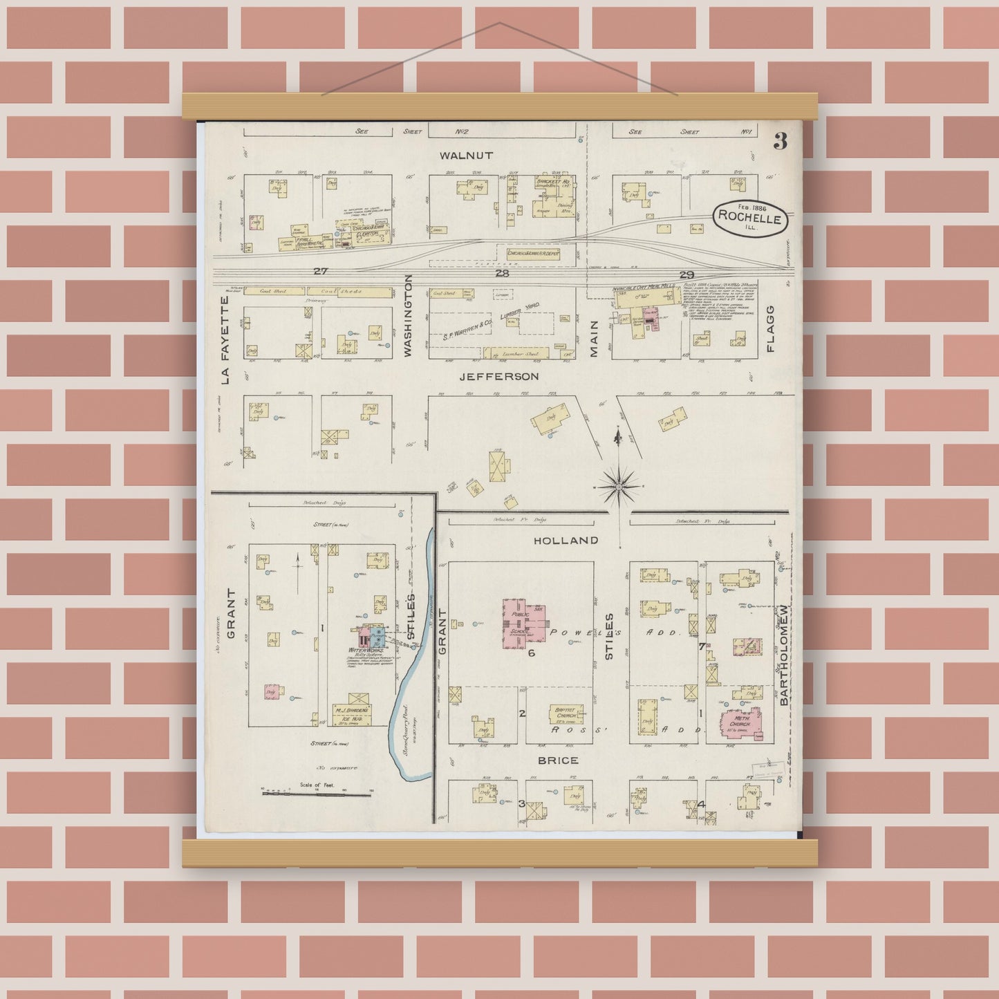 Old map wall art mockup — magnetic wood frame on brick wall — Sanborn Fire Insurance Map from Rochelle, Ogle County, Illinois (1886), Sheet #0003