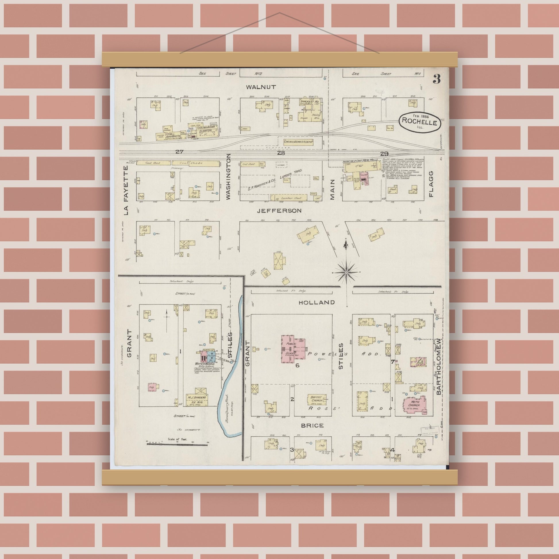 Old map wall art mockup — magnetic wood frame on brick wall — Sanborn Fire Insurance Map from Rochelle, Ogle County, Illinois (1886), Sheet #0003