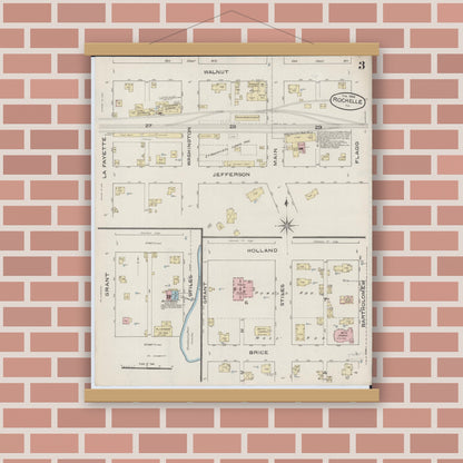 Old map wall art mockup — magnetic wood frame on brick wall — Sanborn Fire Insurance Map from Rochelle, Ogle County, Illinois (1886), Sheet #0003