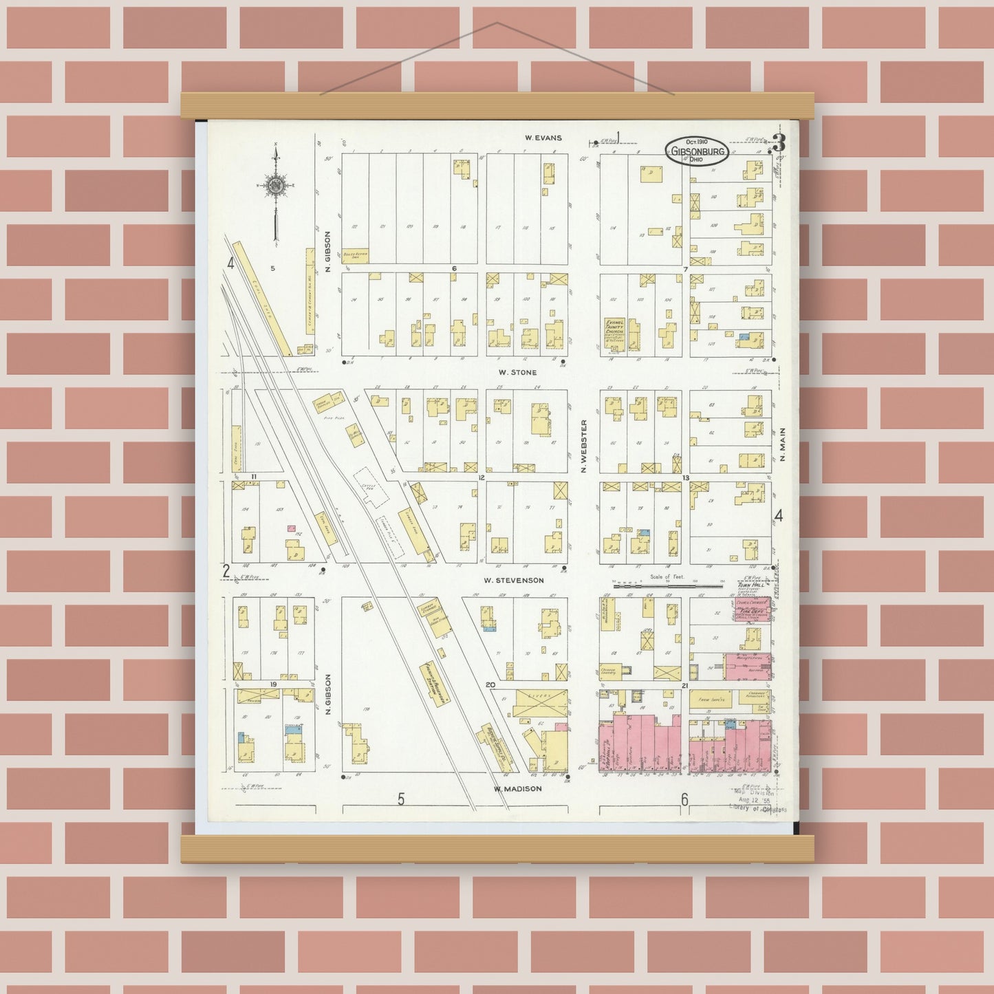 Old map wall art mockup — magnetic wood frame on brick wall — Sanborn Fire Insurance Map from Gibsonburg, Sandusky County, Ohio (1910), Sheet #0003