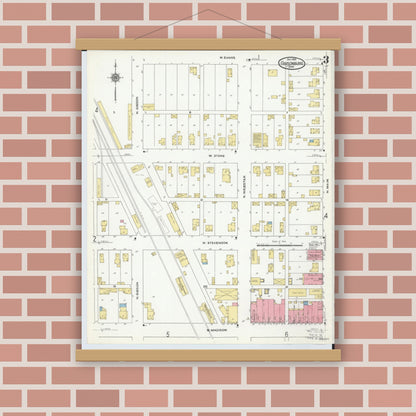 Old map wall art mockup — magnetic wood frame on brick wall — Sanborn Fire Insurance Map from Gibsonburg, Sandusky County, Ohio (1910), Sheet #0003