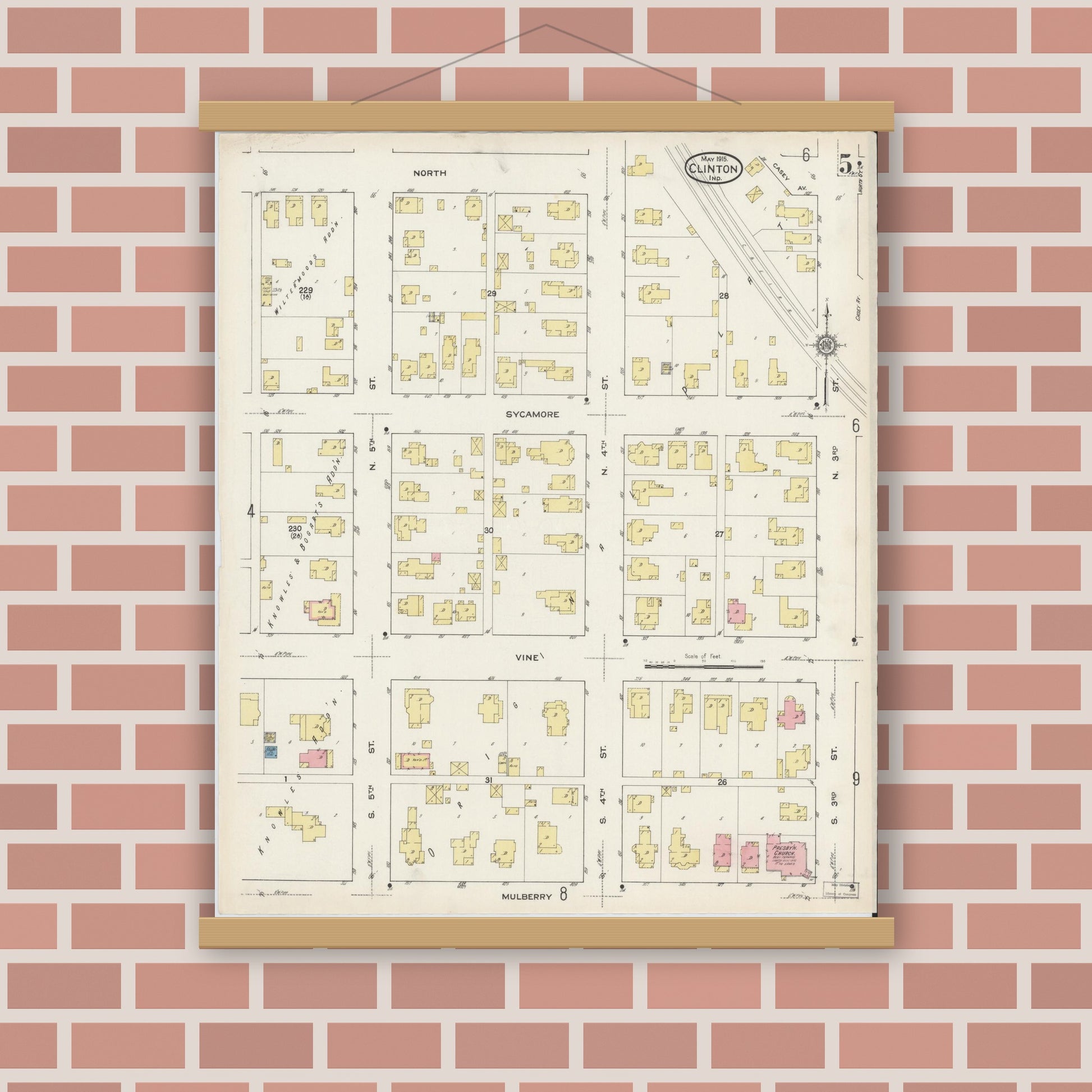 Old map wall art mockup — magnetic wood frame on brick wall — Sanborn Fire Insurance Map from Clinton, Vermillion County, Indiana (1915), Sheet #0005