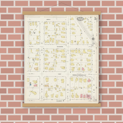 Old map wall art mockup — magnetic wood frame on brick wall — Sanborn Fire Insurance Map from Clinton, Vermillion County, Indiana (1915), Sheet #0005