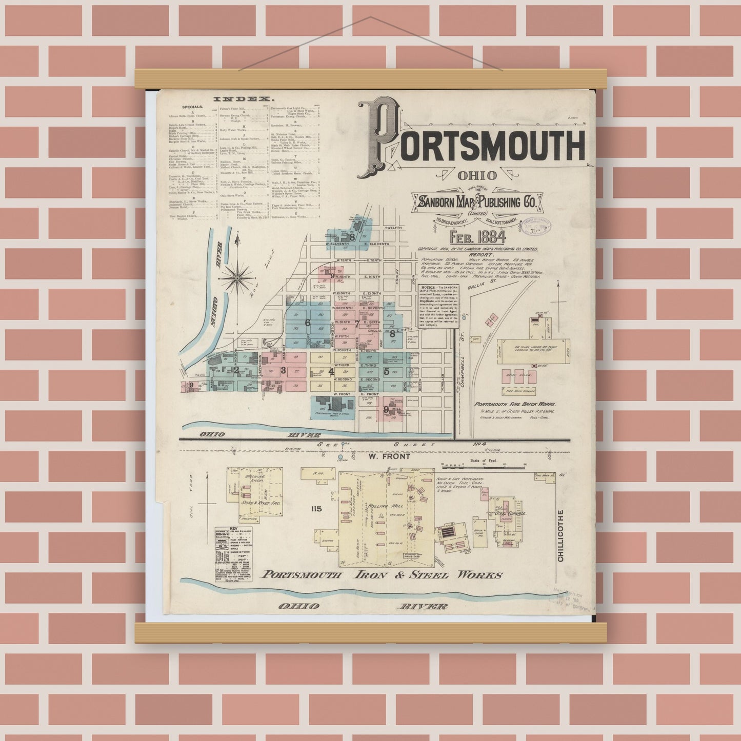 Old map wall art mockup — magnetic wood frame on brick wall — Sanborn Fire Insurance Map from Portsmouth, Scioto County, Ohio (1884) - Complete Map Set