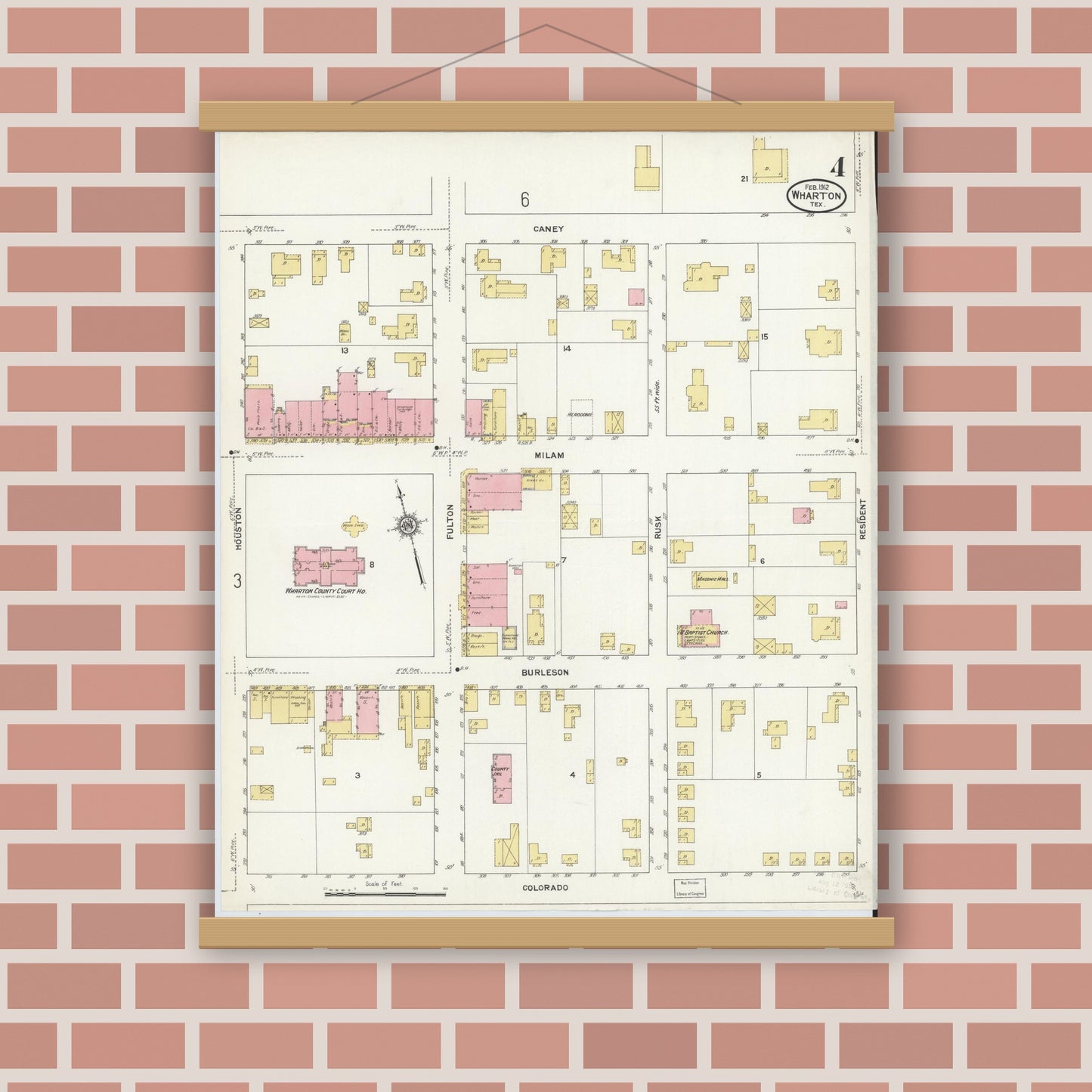Old map wall art mockup — magnetic wood frame on brick wall — Sanborn Fire Insurance Map from Wharton, Wharton County, Texas (1912), Sheet #0005