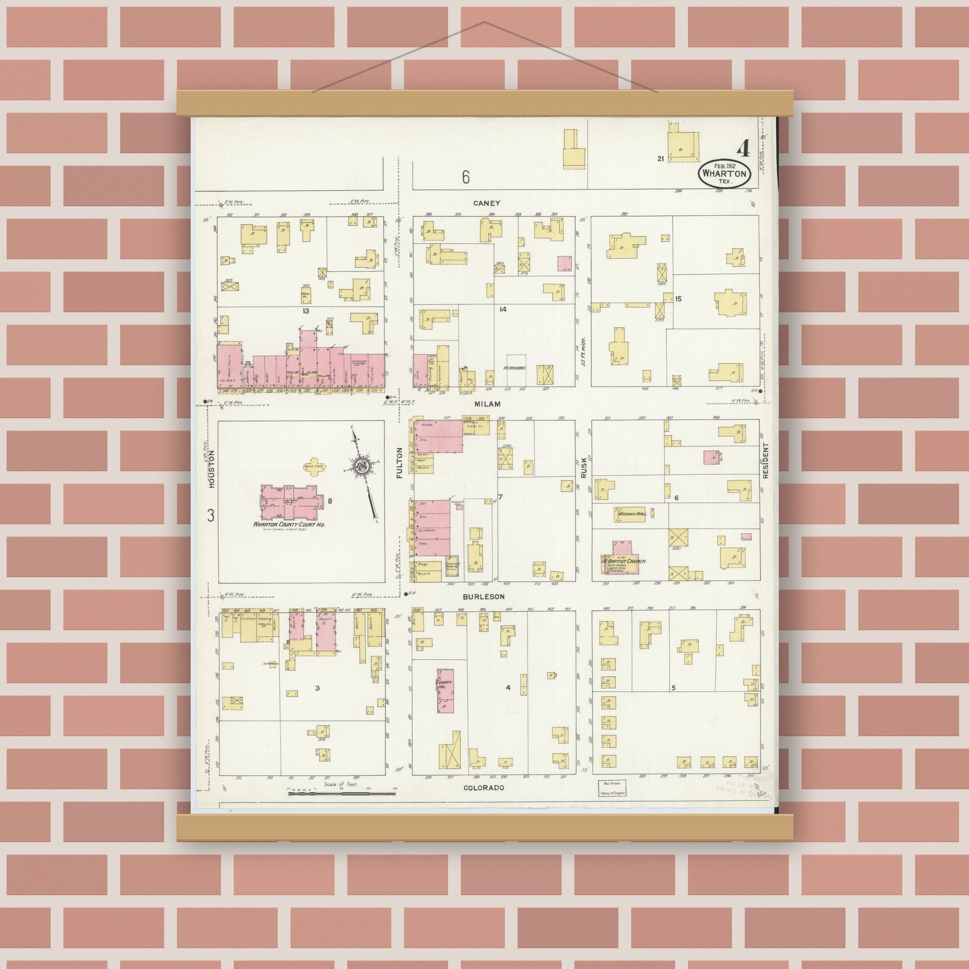 Old map wall art mockup — magnetic wood frame on brick wall — Sanborn Fire Insurance Map from Wharton, Wharton County, Texas (1912), Sheet #0005