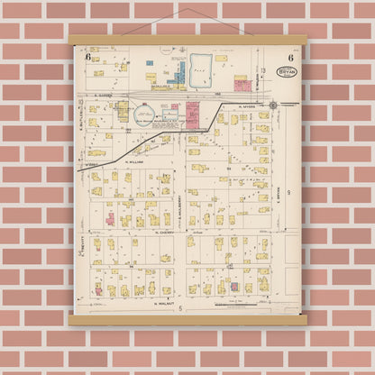 Old map wall art mockup — magnetic wood frame on brick wall — Sanborn Fire Insurance Map from Bryan, Williams County, Ohio (1923), Sheet #0006