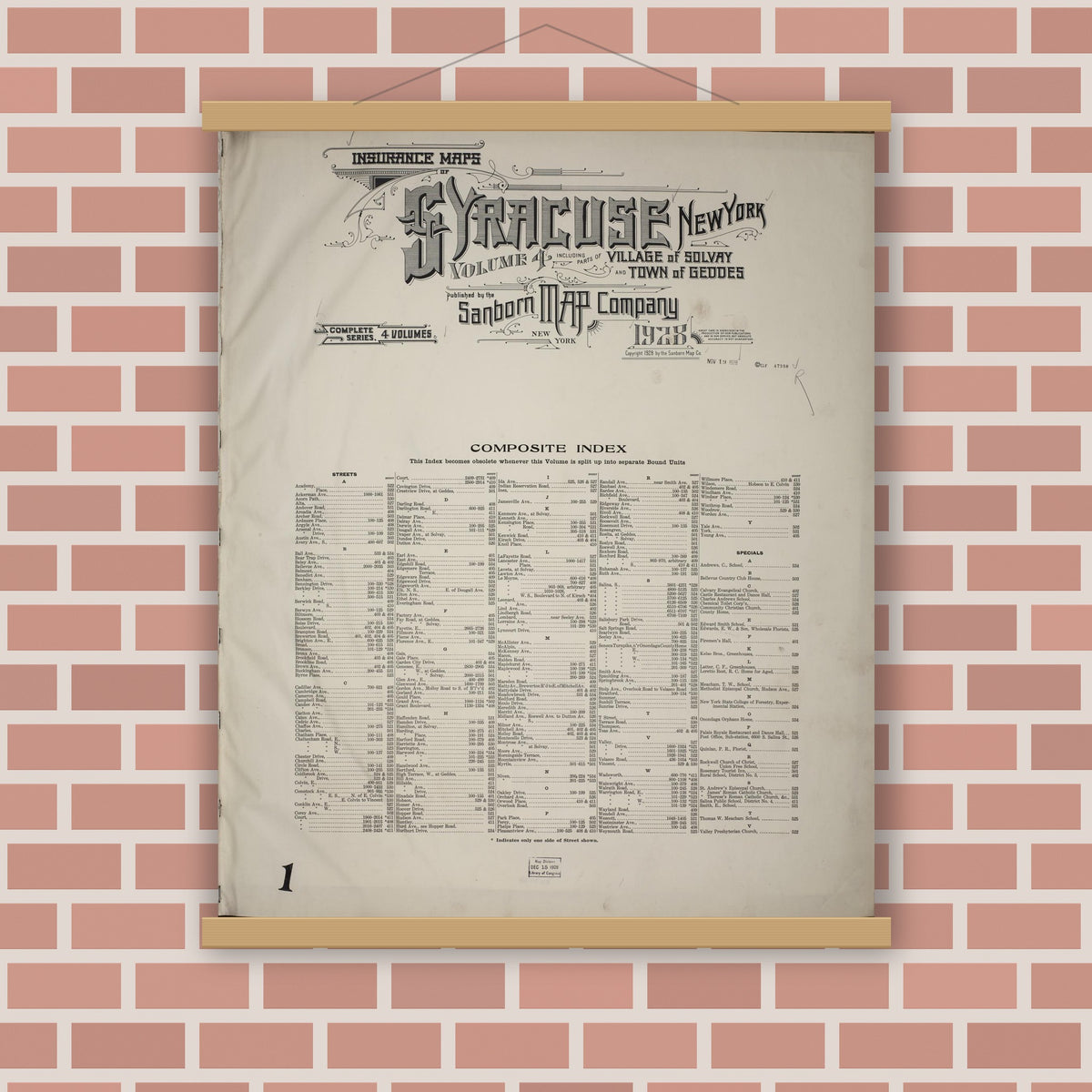 Old map wall art mockup — magnetic wood frame on brick wall — Sanborn Fire Insurance Map from Syracuse, Onondage County, New York (1928), Sheet #0001