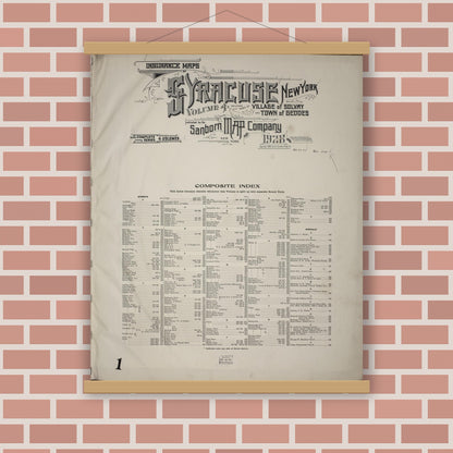 Old map wall art mockup — magnetic wood frame on brick wall — Sanborn Fire Insurance Map from Syracuse, Onondage County, New York (1928), Sheet #0001