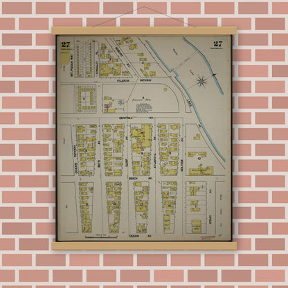 Old map wall art mockup — magnetic wood frame on brick wall — Sanborn Fire Insurance Map from New Jersey Coast, New Jersey Coast, New Jersey (1890), Sheet #0027