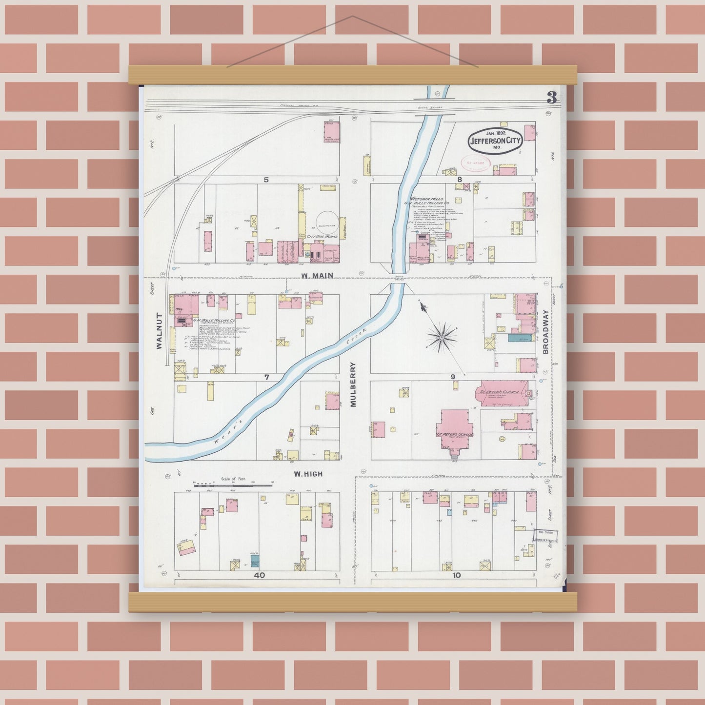 Old map wall art mockup — magnetic wood frame on brick wall — Sanborn Fire Insurance Map from Jefferson City, Cole County, Missouri (1892), Sheet #0003