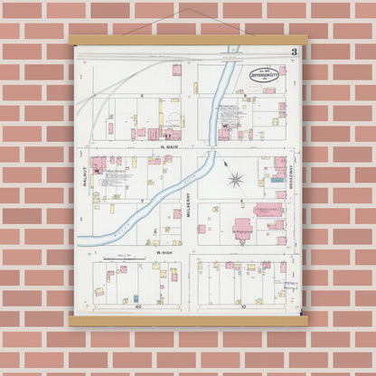 Old map wall art mockup — magnetic wood frame on brick wall — Sanborn Fire Insurance Map from Jefferson City, Cole County, Missouri (1892), Sheet #0003