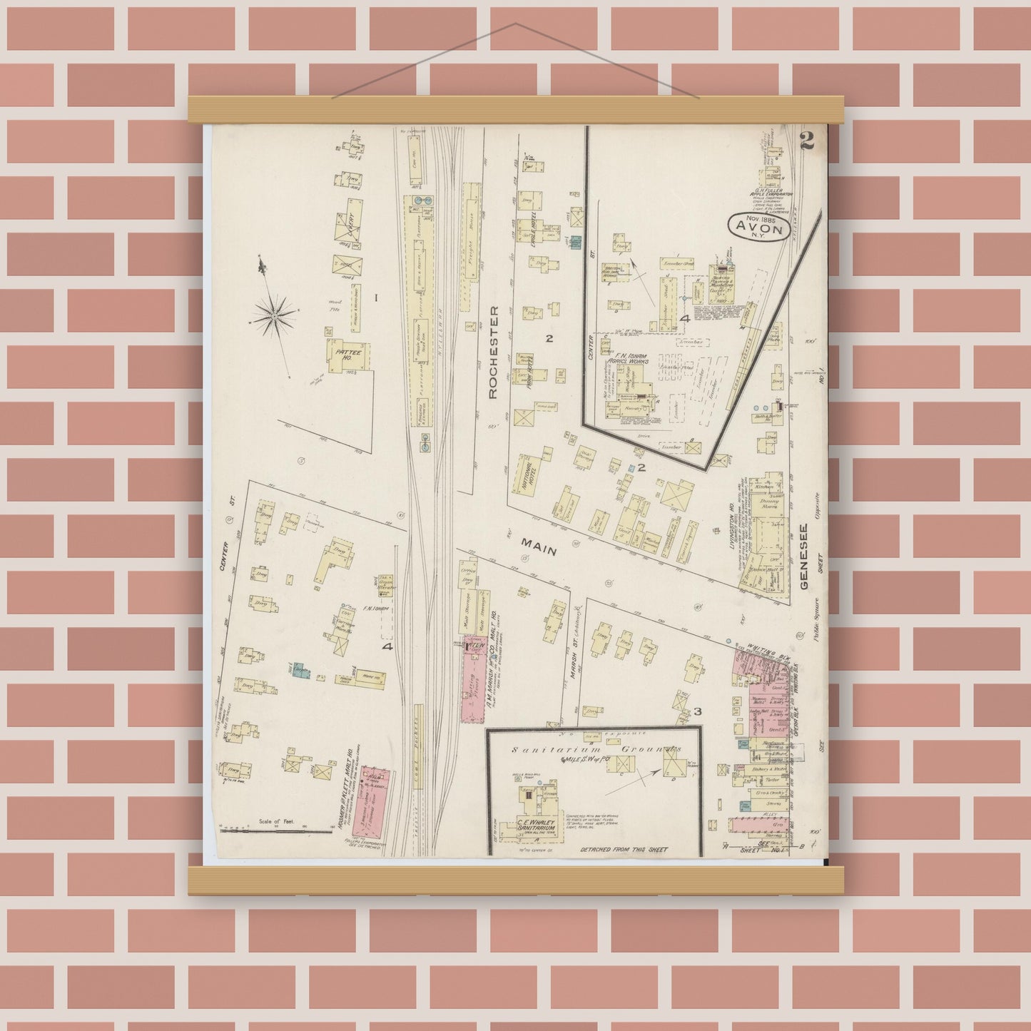 Old map wall art mockup — magnetic wood frame on brick wall — Sanborn Fire Insurance Map from Avon, Livingston County, New York (1885), Sheet #0002