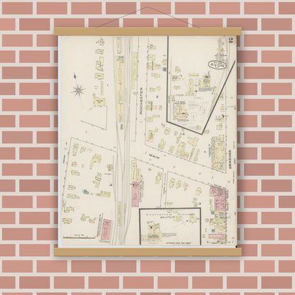 Old map wall art mockup — magnetic wood frame on brick wall — Sanborn Fire Insurance Map from Avon, Livingston County, New York (1885), Sheet #0002