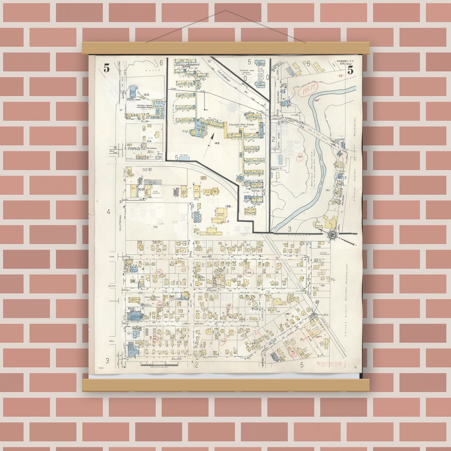 Old map wall art mockup — magnetic wood frame on brick wall — Sanborn Fire Insurance Map from Wahiawa, Honolulu County, Hawaii (1957), Sheet #0005