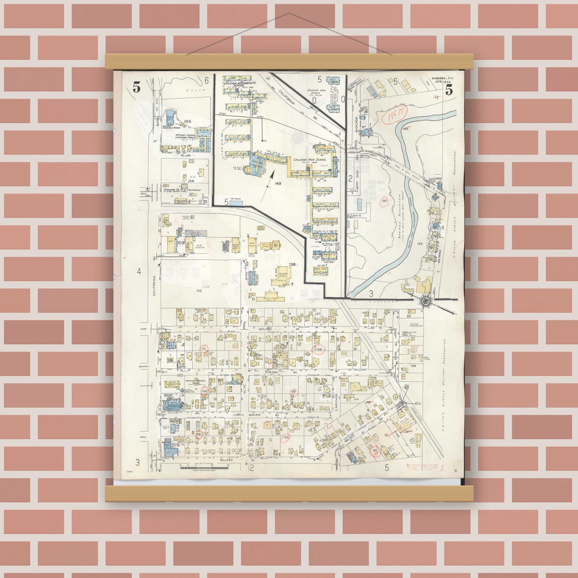 Old map wall art mockup — magnetic wood frame on brick wall — Sanborn Fire Insurance Map from Wahiawa, Honolulu County, Hawaii (1957), Sheet #0005