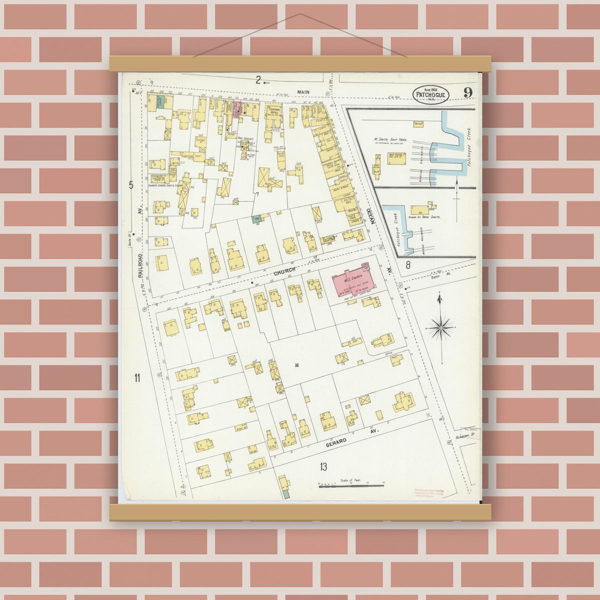 Old map wall art mockup — magnetic wood frame on brick wall — Sanborn Fire Insurance Map from Patchogue, Suffolk County, New York (1902), Sheet #0009