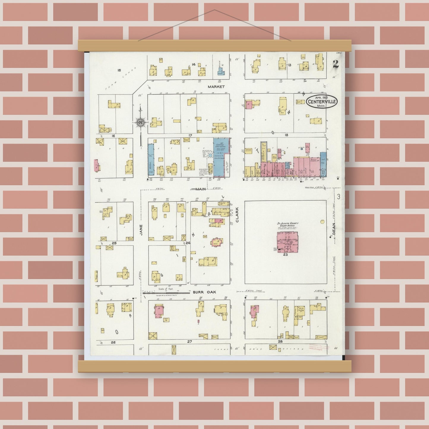 Old map wall art mockup — magnetic wood frame on brick wall — Sanborn Fire Insurance Map from Centreville, Saint Joseph County, Michigan (1921), Sheet #0002