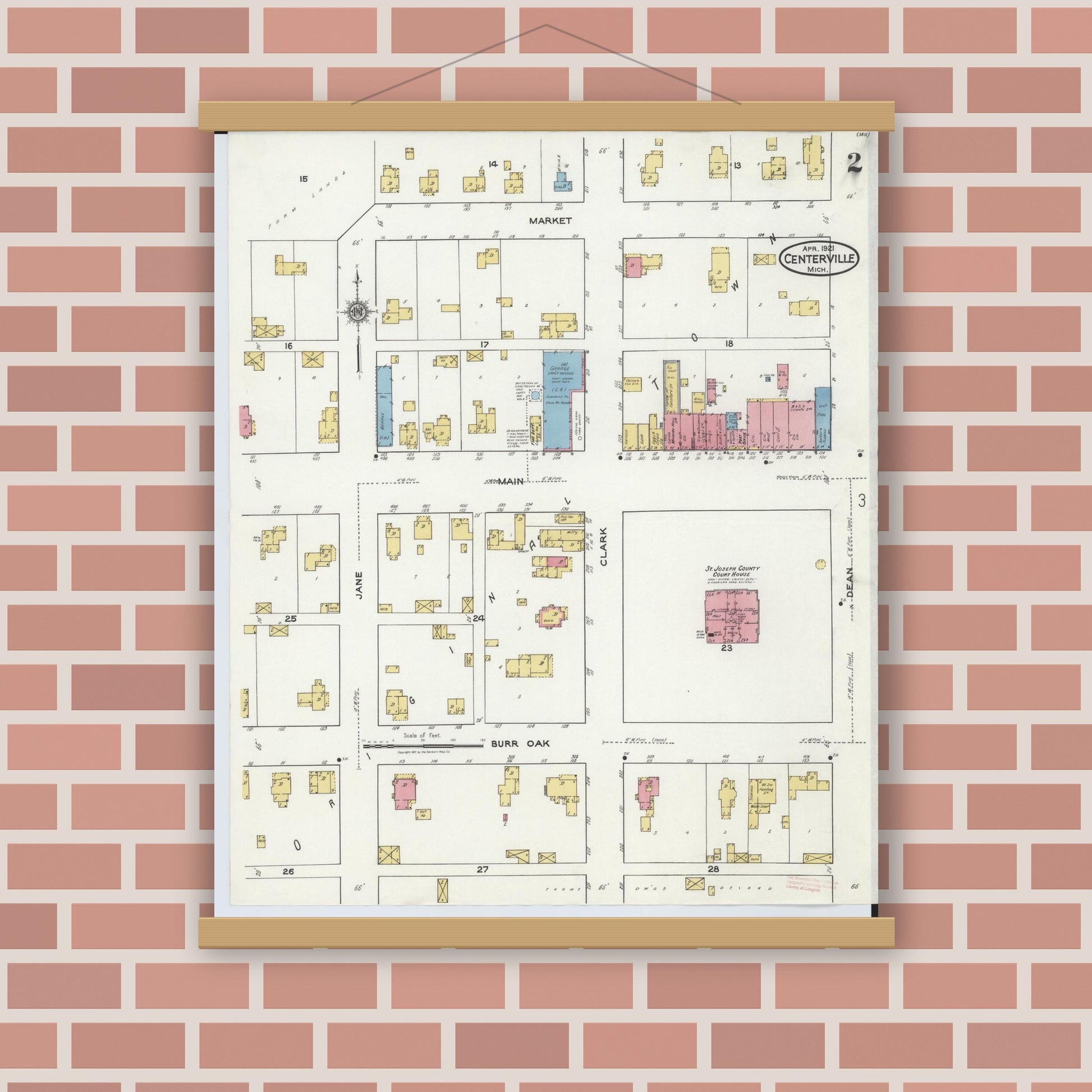 Old map wall art mockup — magnetic wood frame on brick wall — Sanborn Fire Insurance Map from Centreville, Saint Joseph County, Michigan (1921), Sheet #0002