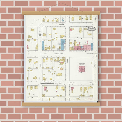 Old map wall art mockup — magnetic wood frame on brick wall — Sanborn Fire Insurance Map from Centreville, Saint Joseph County, Michigan (1921), Sheet #0002