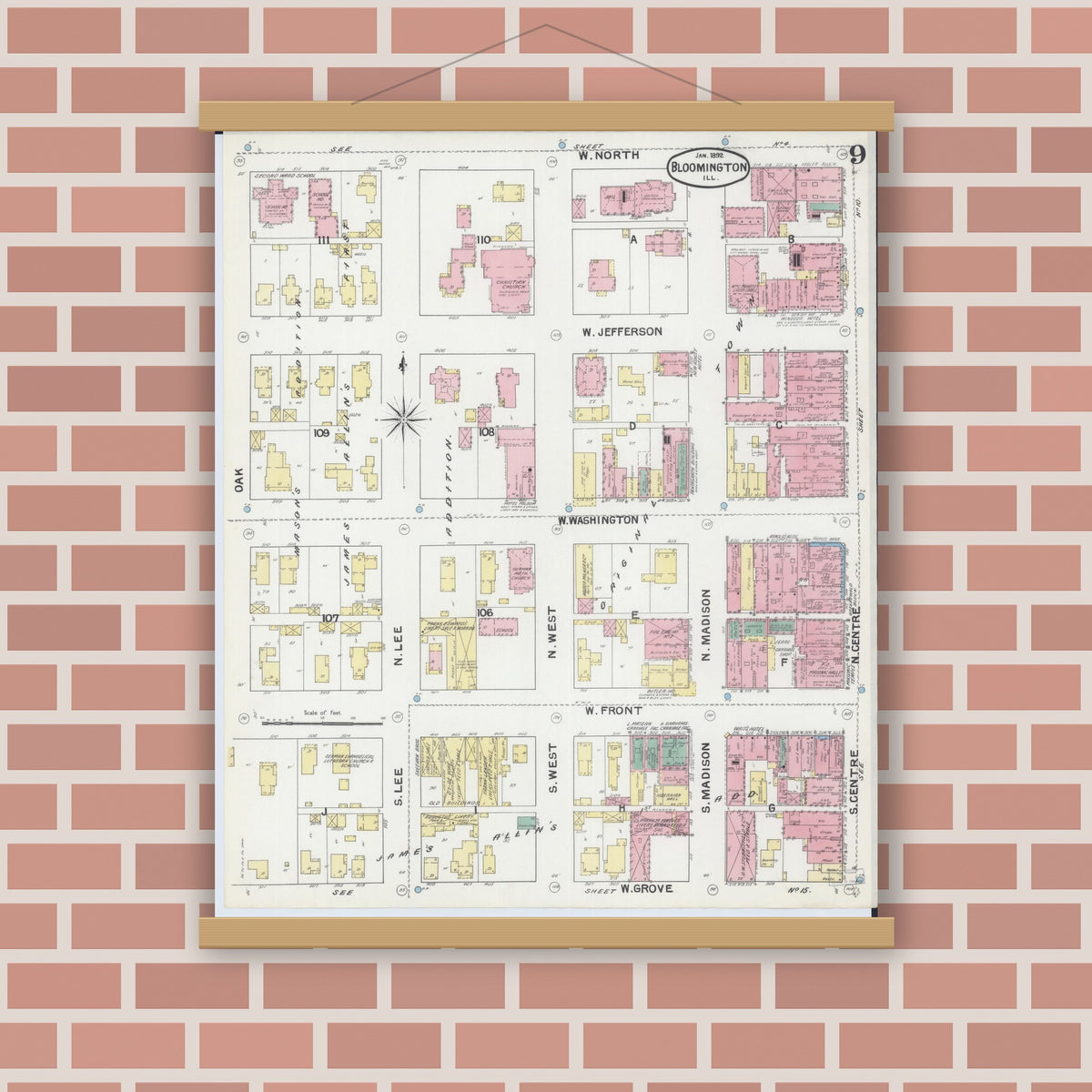 Old map wall art mockup — magnetic wood frame on brick wall — Sanborn Fire Insurance Map from Bloomington, McLean County, Illinois (1892), Sheet #0009