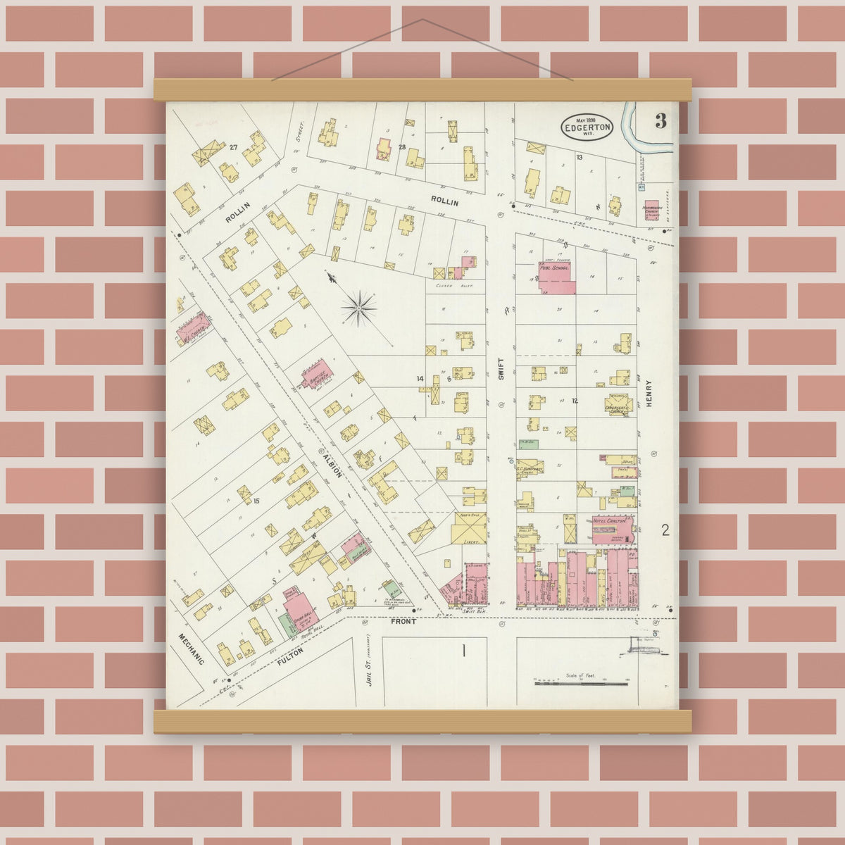 Old map wall art mockup — magnetic wood frame on brick wall — Sanborn Fire Insurance Map from Edgerton, Rock County, Wisconsin (1898), Sheet #0003