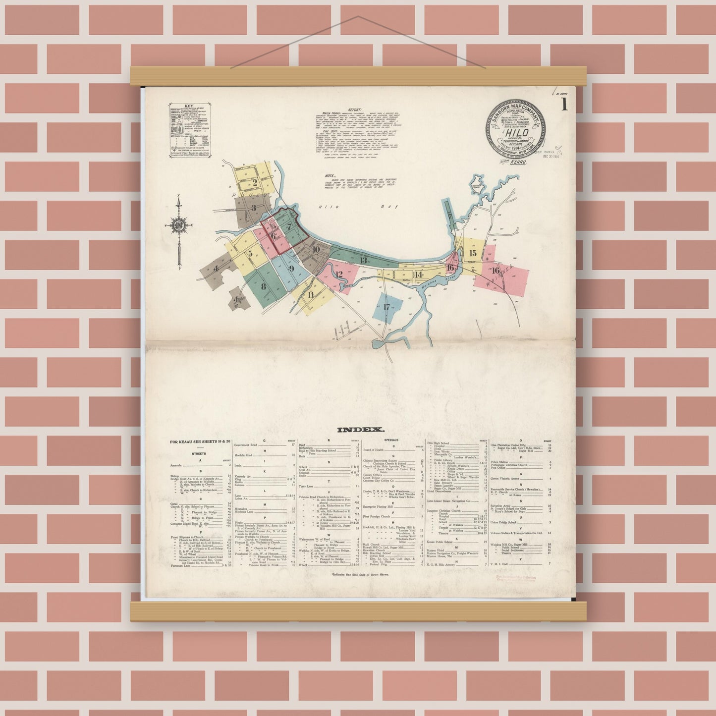 Old map wall art mockup — magnetic wood frame on brick wall — Sanborn Fire Insurance Map from Hilo, Hawaii County, Hawaii (1914), Sheet #0001