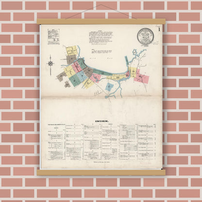 Old map wall art mockup — magnetic wood frame on brick wall — Sanborn Fire Insurance Map from Hilo, Hawaii County, Hawaii (1914), Sheet #0001