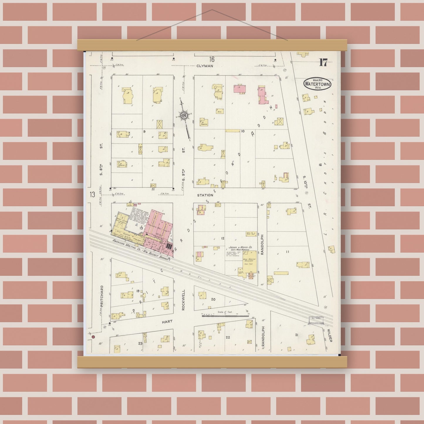 Old map wall art mockup — magnetic wood frame on brick wall — Sanborn Fire Insurance Map from Watertown, Jefferson County, Wisconsin (1915), Sheet #0018