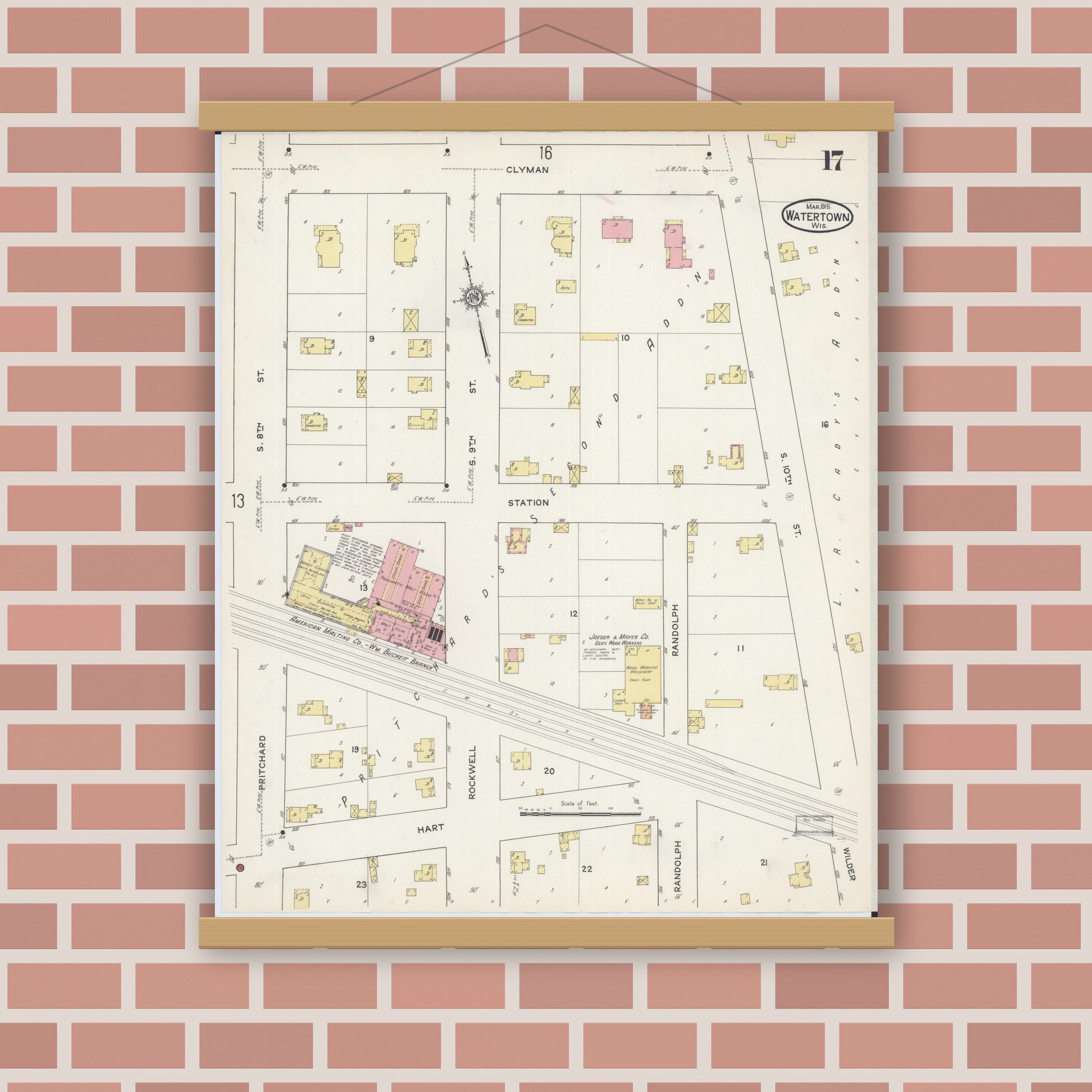 Old map wall art mockup — magnetic wood frame on brick wall — Sanborn Fire Insurance Map from Watertown, Jefferson County, Wisconsin (1915), Sheet #0018
