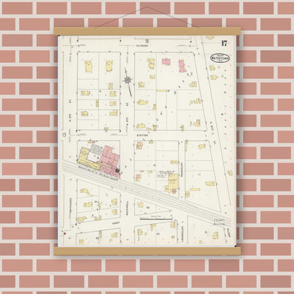 Old map wall art mockup — magnetic wood frame on brick wall — Sanborn Fire Insurance Map from Watertown, Jefferson County, Wisconsin (1915), Sheet #0018