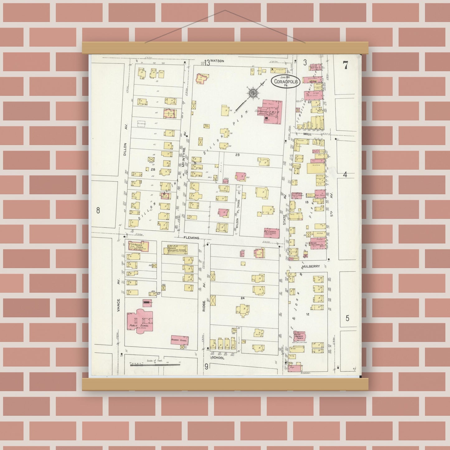 Old map wall art mockup — magnetic wood frame on brick wall — Sanborn Fire Insurance Map from Coraopolis, Allegheny County, Pennsylvania (1911), Sheet #0007