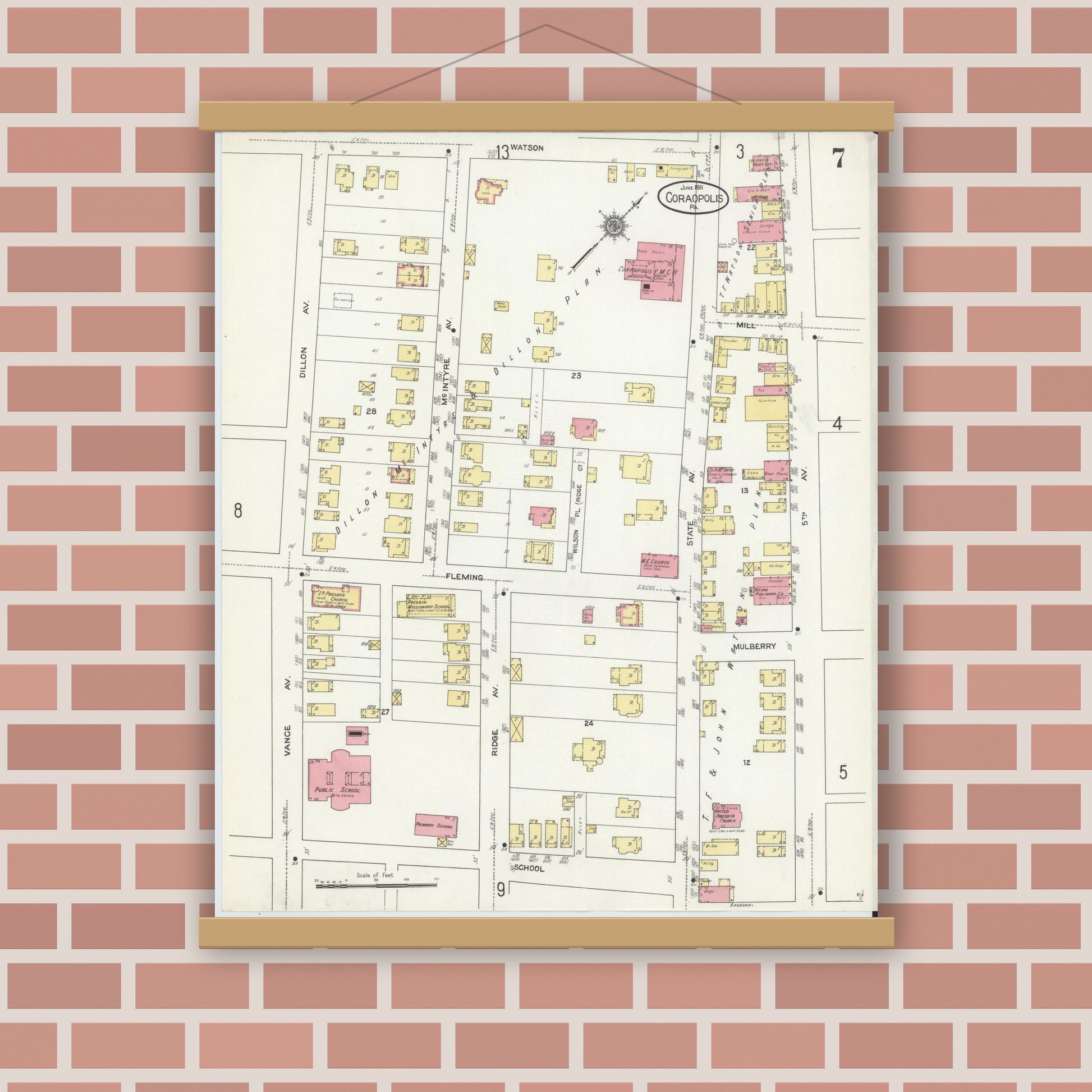 Old map wall art mockup — magnetic wood frame on brick wall — Sanborn Fire Insurance Map from Coraopolis, Allegheny County, Pennsylvania (1911), Sheet #0007