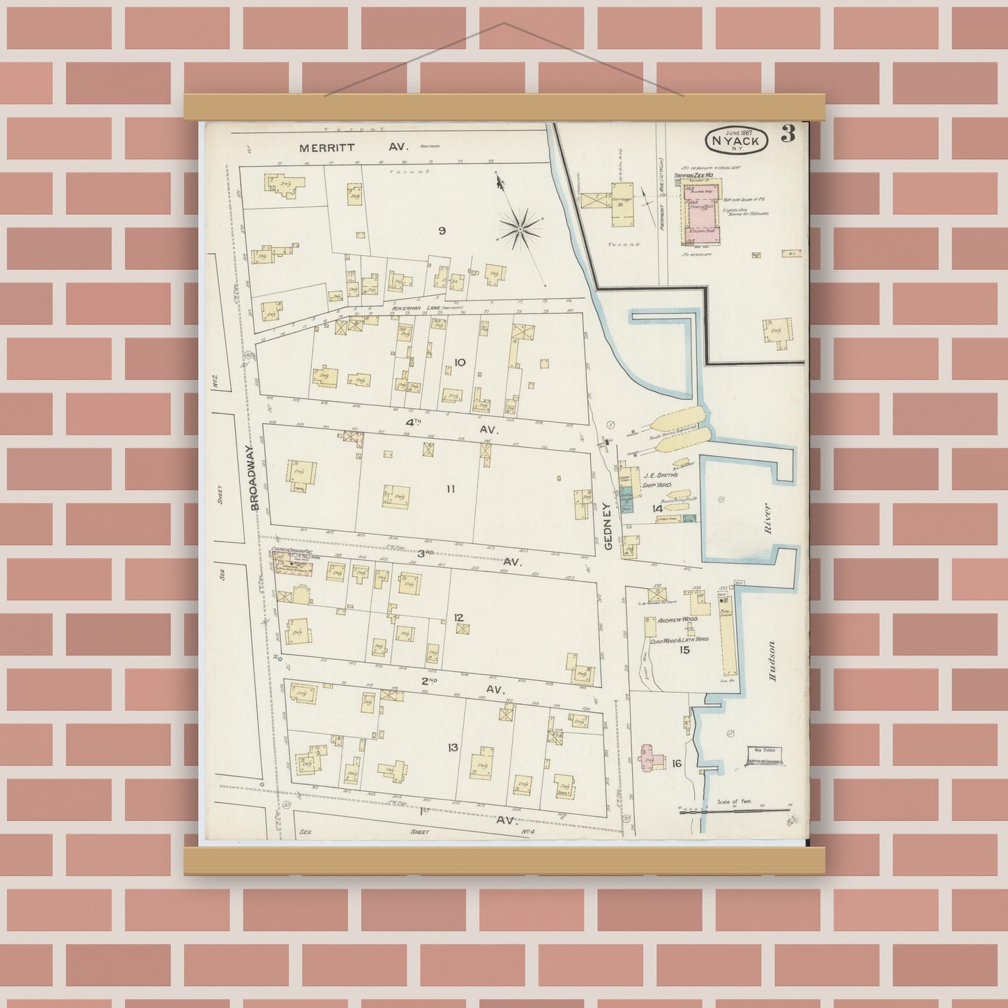 Old map wall art mockup — magnetic wood frame on brick wall — Sanborn Fire Insurance Map from Nyack, Rockland County, New York. (1887), Sheet #0003