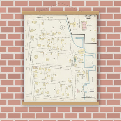 Old map wall art mockup — magnetic wood frame on brick wall — Sanborn Fire Insurance Map from Nyack, Rockland County, New York. (1887), Sheet #0003
