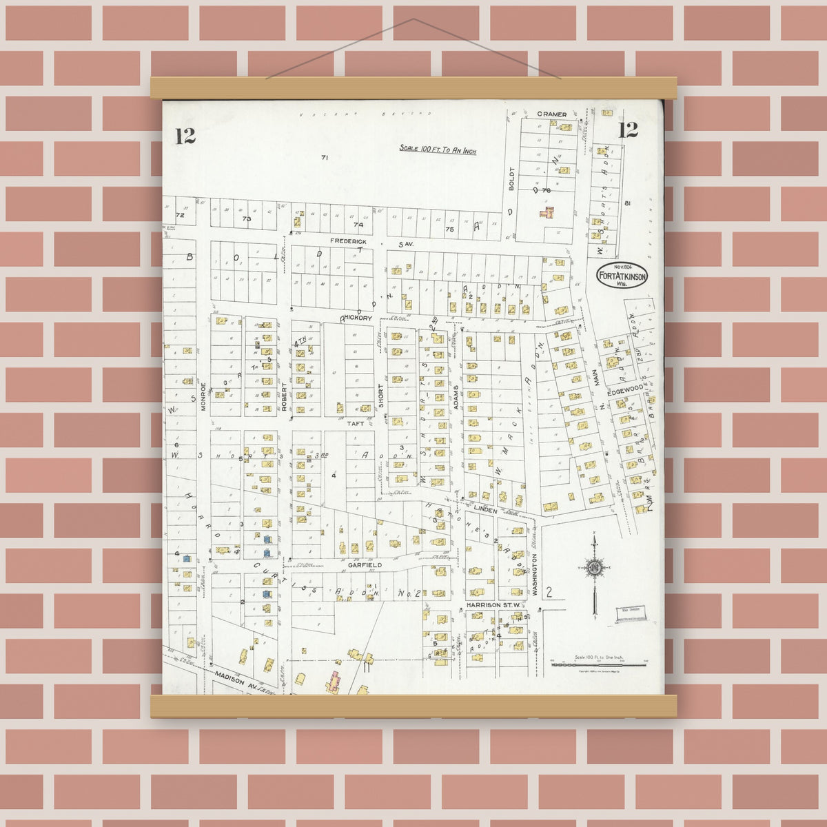 Old map wall art mockup — magnetic wood frame on brick wall — Sanborn Fire Insurance Map from Fort Atkinson, Jefferson County, Wisconsin (1924), Sheet #0012
