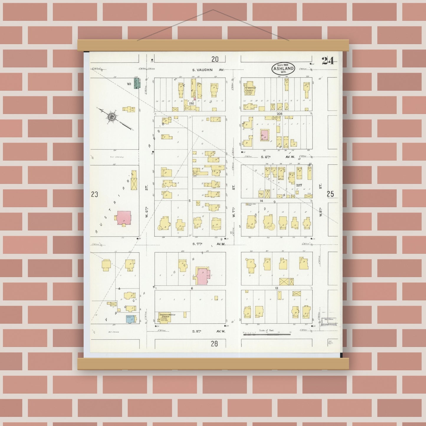 Old map wall art mockup — magnetic wood frame on brick wall — Sanborn Fire Insurance Map from Ashland, Ashland County, Wisconsin (1909), Sheet #0024