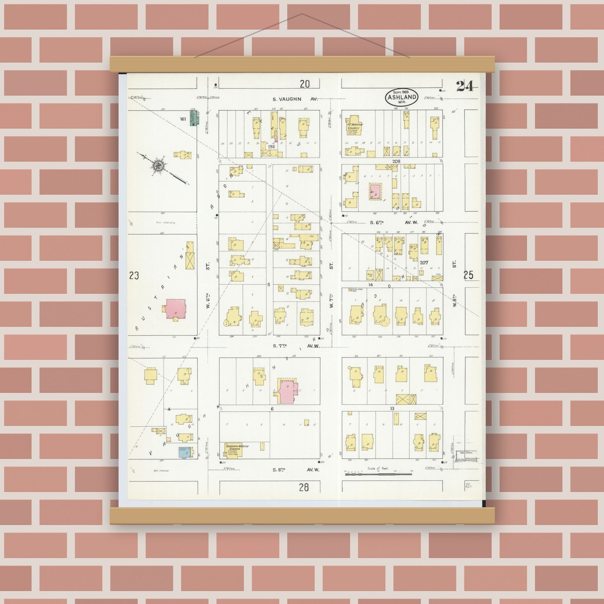 Old map wall art mockup — magnetic wood frame on brick wall — Sanborn Fire Insurance Map from Ashland, Ashland County, Wisconsin (1909), Sheet #0024