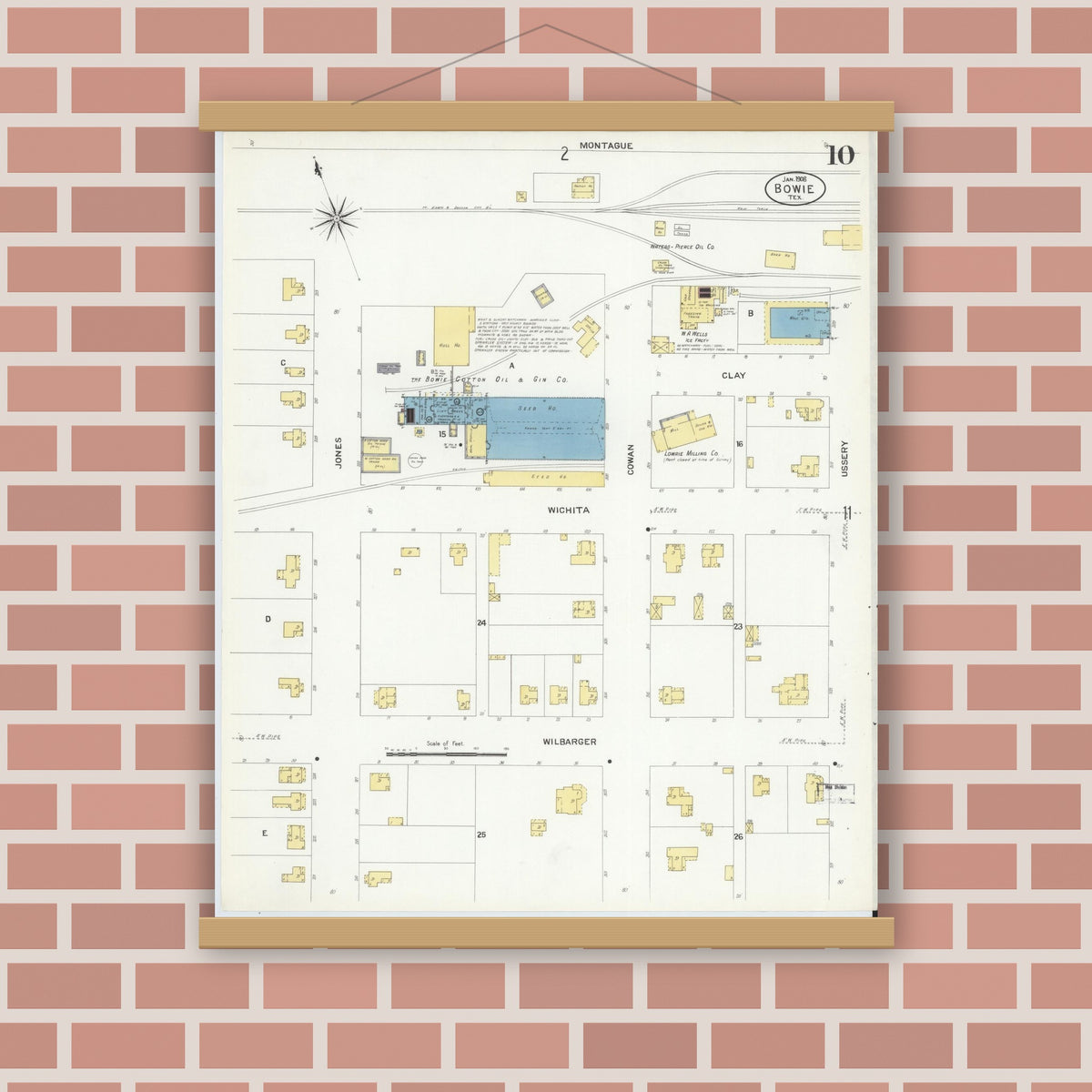 Old map wall art mockup — magnetic wood frame on brick wall — Sanborn Fire Insurance Map from Bowie, Montague County, Texas (1908), Sheet #0010