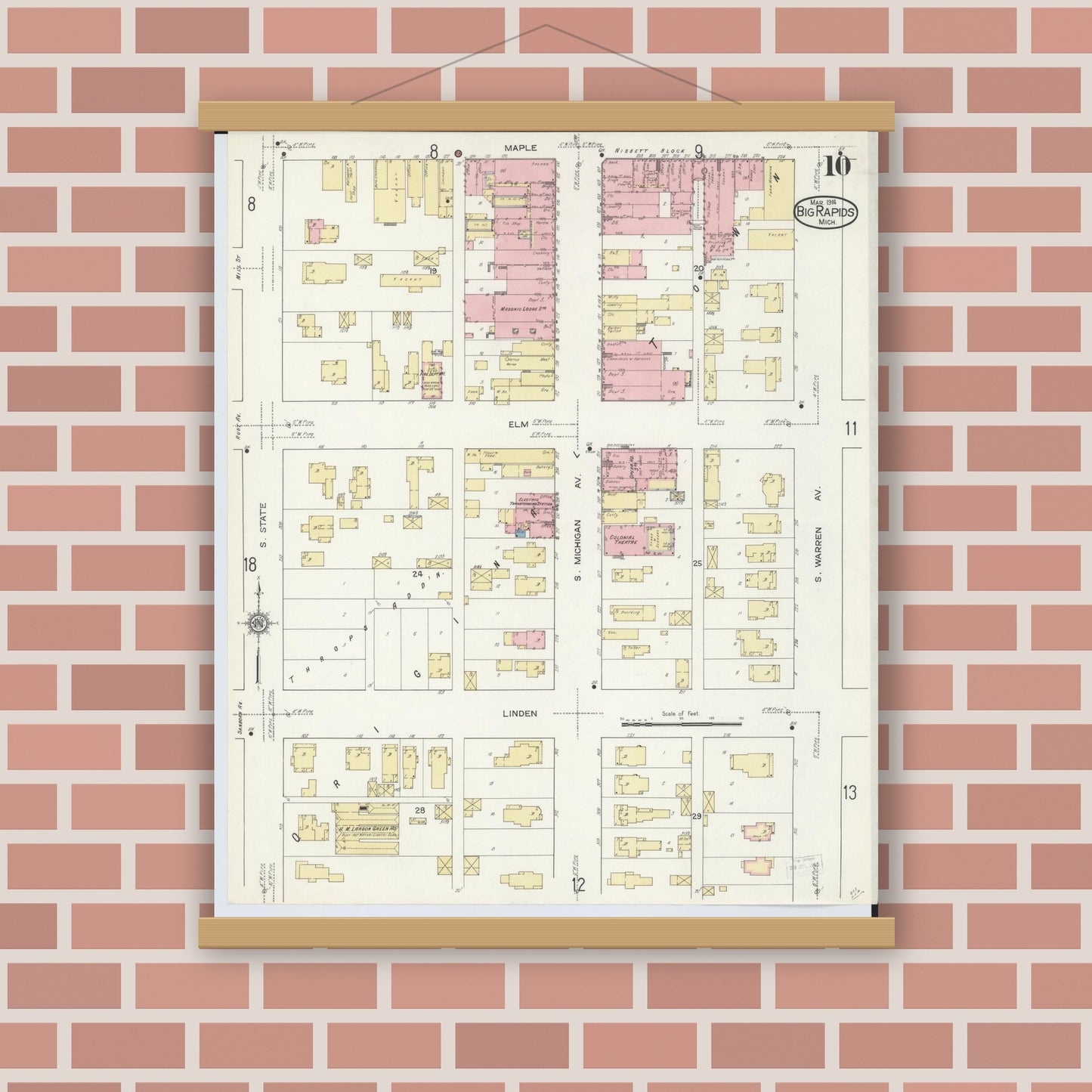 Old map wall art mockup — magnetic wood frame on brick wall — Sanborn Fire Insurance Map from Big Rapids, Mecosta County, Michigan (1914), Sheet #0010