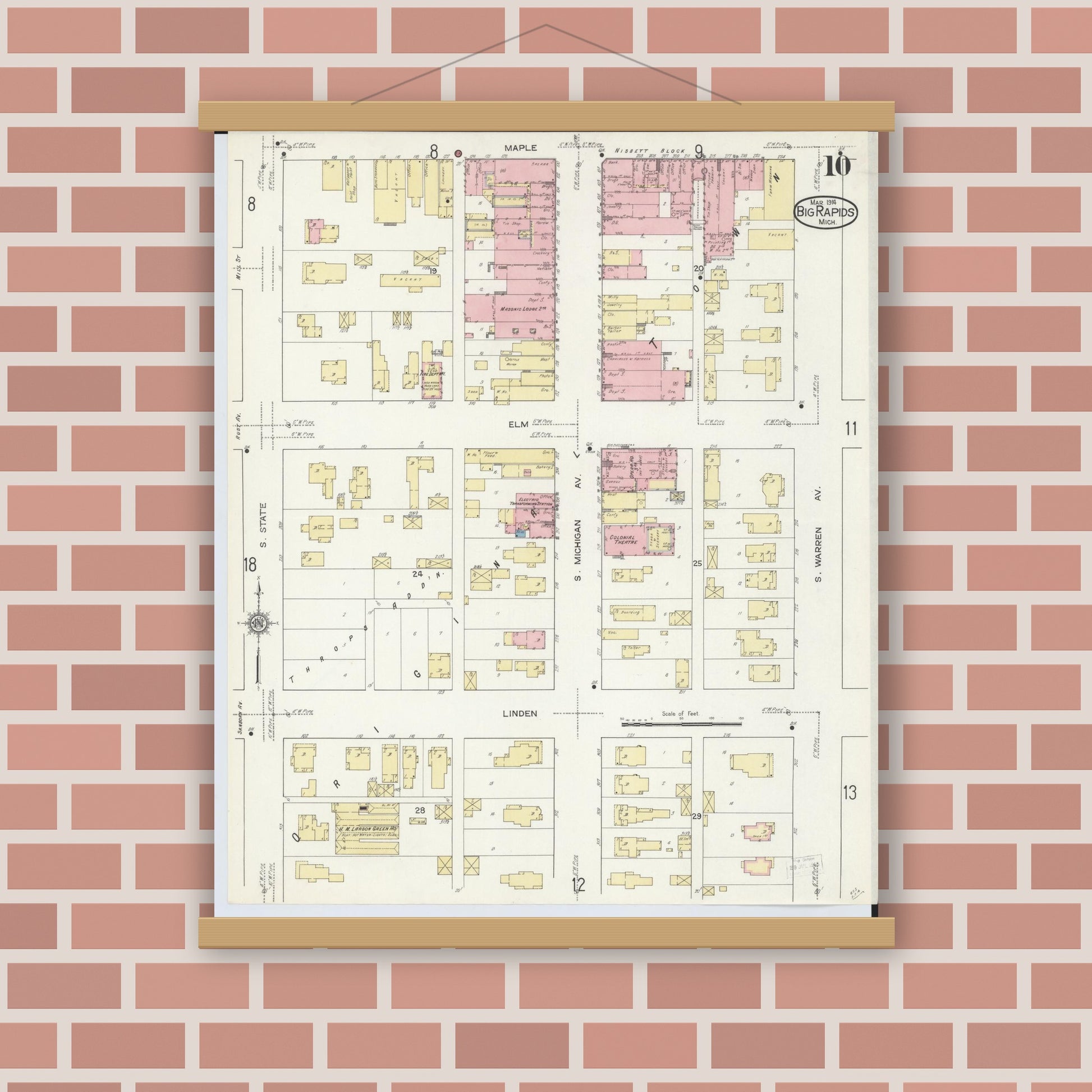 Old map wall art mockup — magnetic wood frame on brick wall — Sanborn Fire Insurance Map from Big Rapids, Mecosta County, Michigan (1914), Sheet #0010