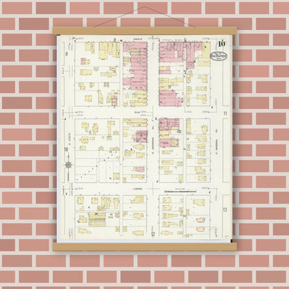 Old map wall art mockup — magnetic wood frame on brick wall — Sanborn Fire Insurance Map from Big Rapids, Mecosta County, Michigan (1914), Sheet #0010