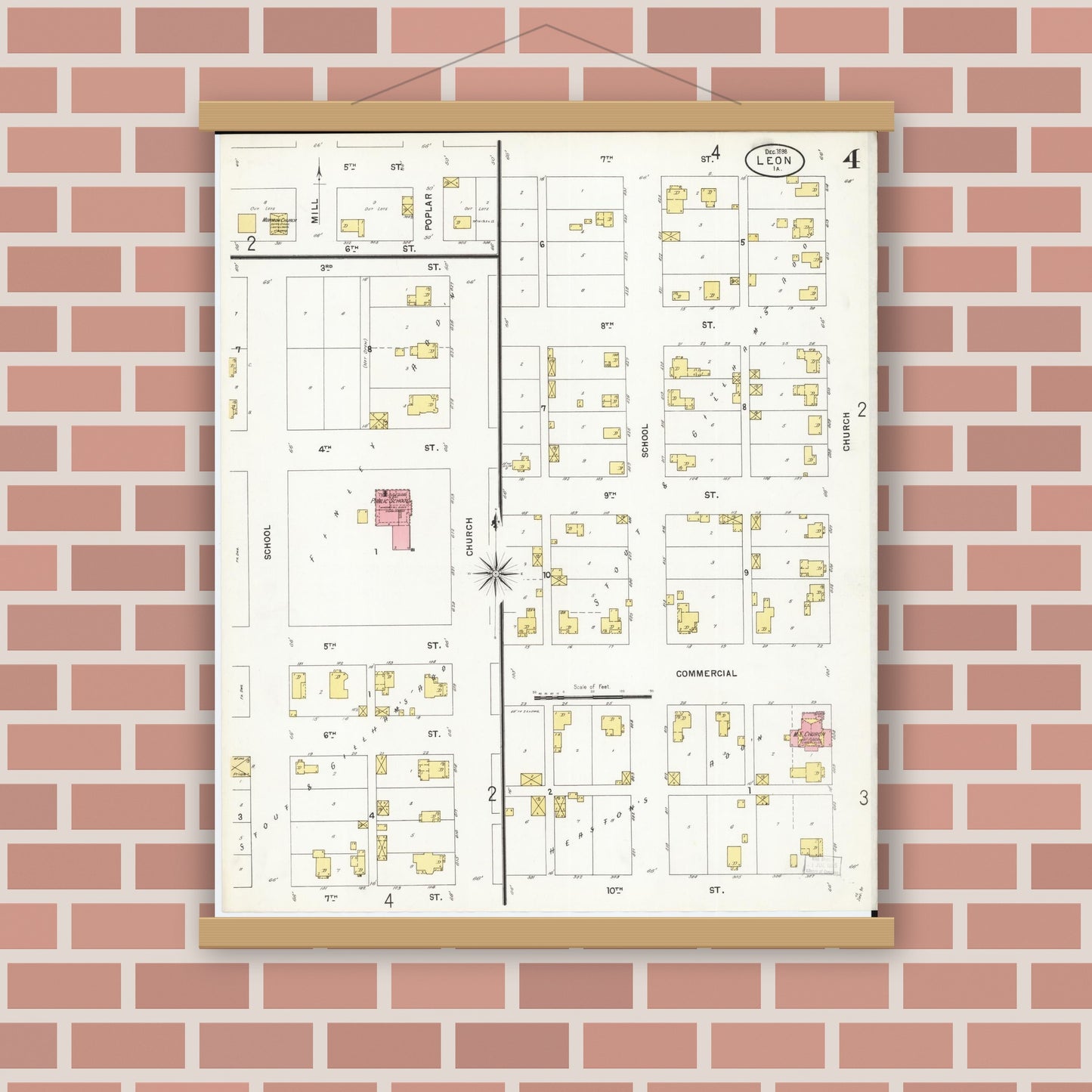 Old map wall art mockup — magnetic wood frame on brick wall — Sanborn Fire Insurance Map from Leon, Decatur County, Iowa (1898), Sheet #0004