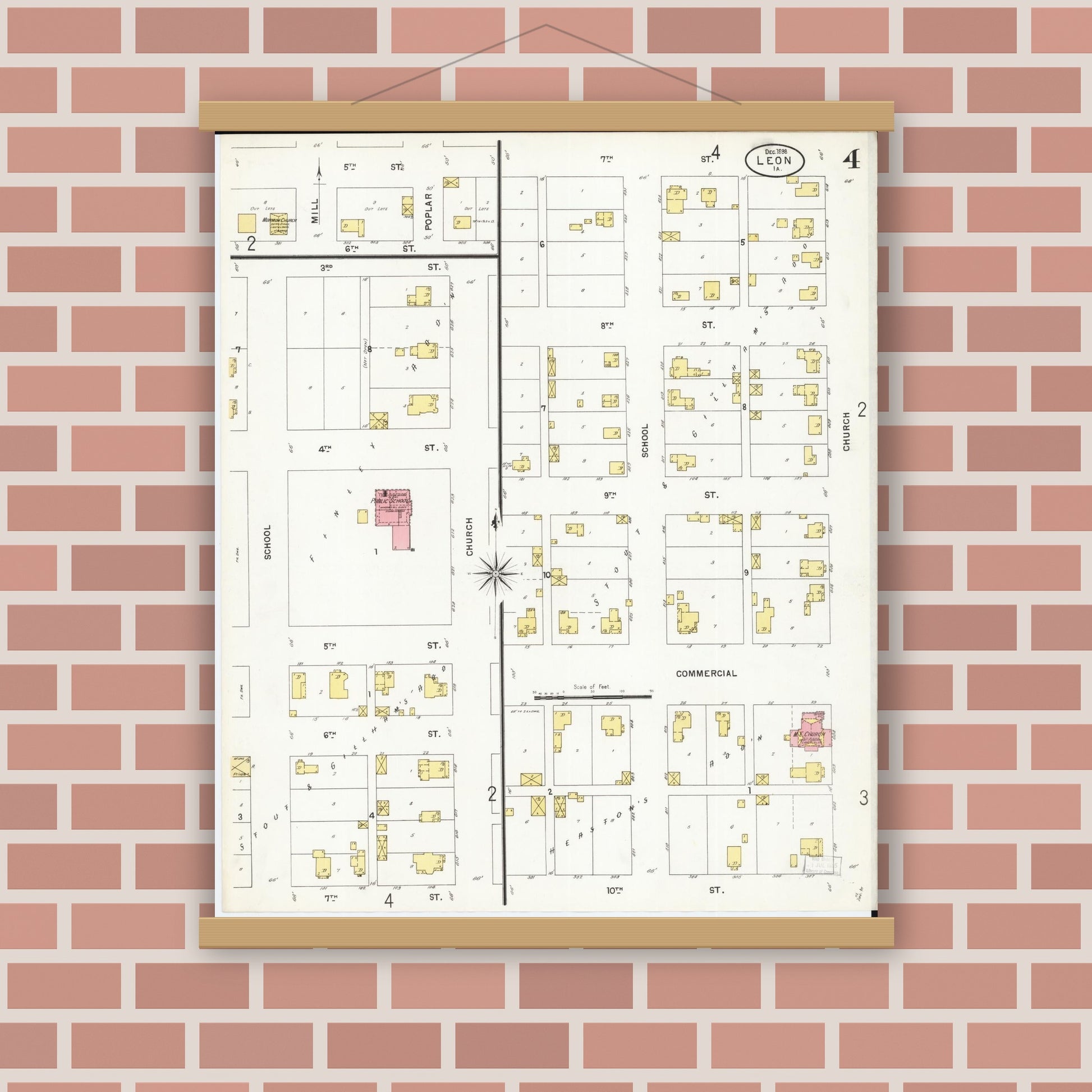 Old map wall art mockup — magnetic wood frame on brick wall — Sanborn Fire Insurance Map from Leon, Decatur County, Iowa (1898), Sheet #0004