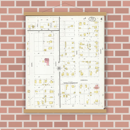 Old map wall art mockup — magnetic wood frame on brick wall — Sanborn Fire Insurance Map from Leon, Decatur County, Iowa (1898), Sheet #0004