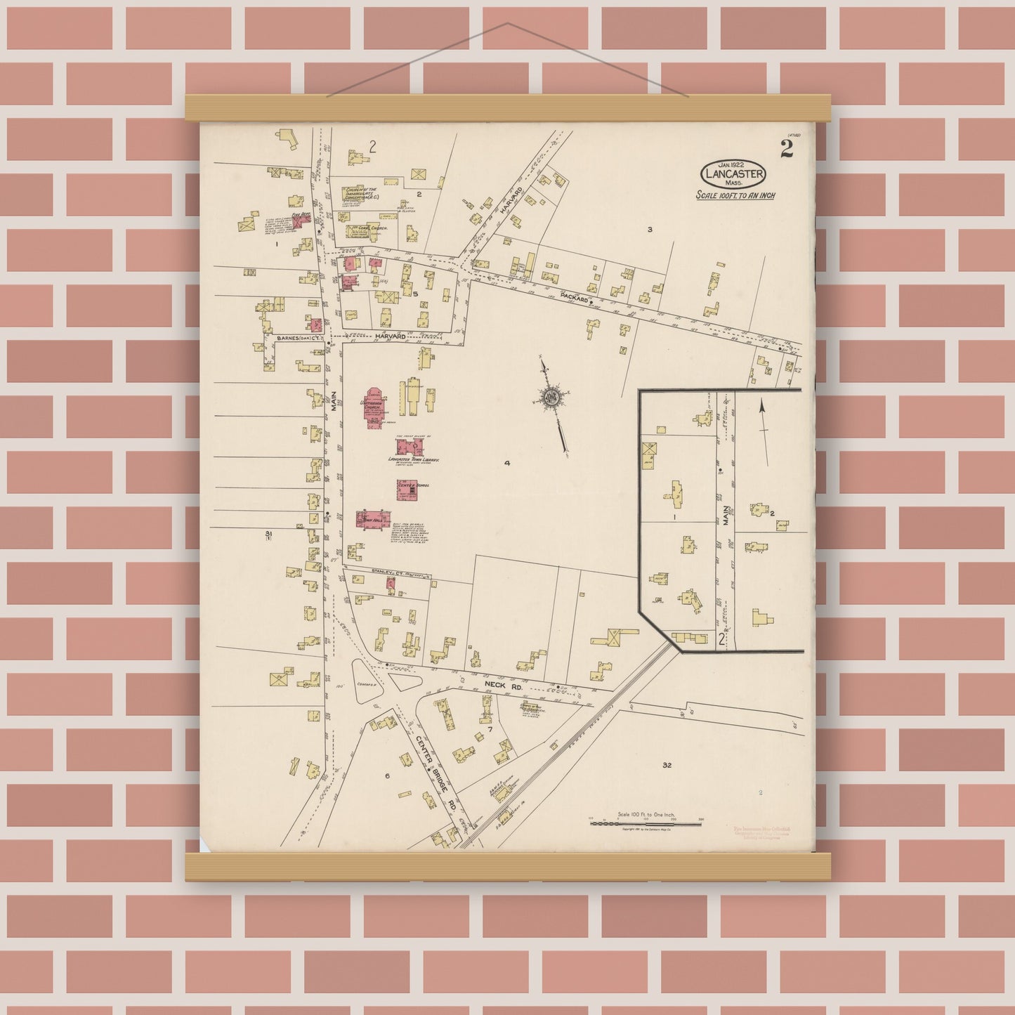 Old map wall art mockup — magnetic wood frame on brick wall — Sanborn Fire Insurance Map from Lancaster, Worcester County, Massachusetts (1922), Sheet #0002
