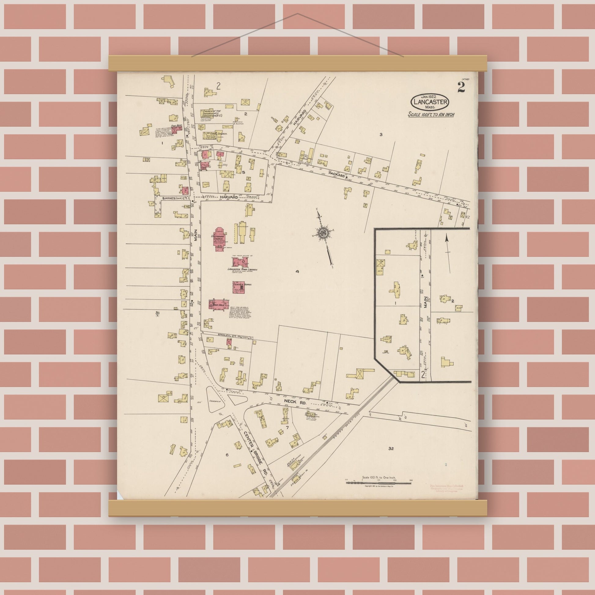 Old map wall art mockup — magnetic wood frame on brick wall — Sanborn Fire Insurance Map from Lancaster, Worcester County, Massachusetts (1922), Sheet #0002