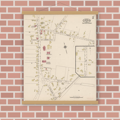 Old map wall art mockup — magnetic wood frame on brick wall — Sanborn Fire Insurance Map from Lancaster, Worcester County, Massachusetts (1922), Sheet #0002