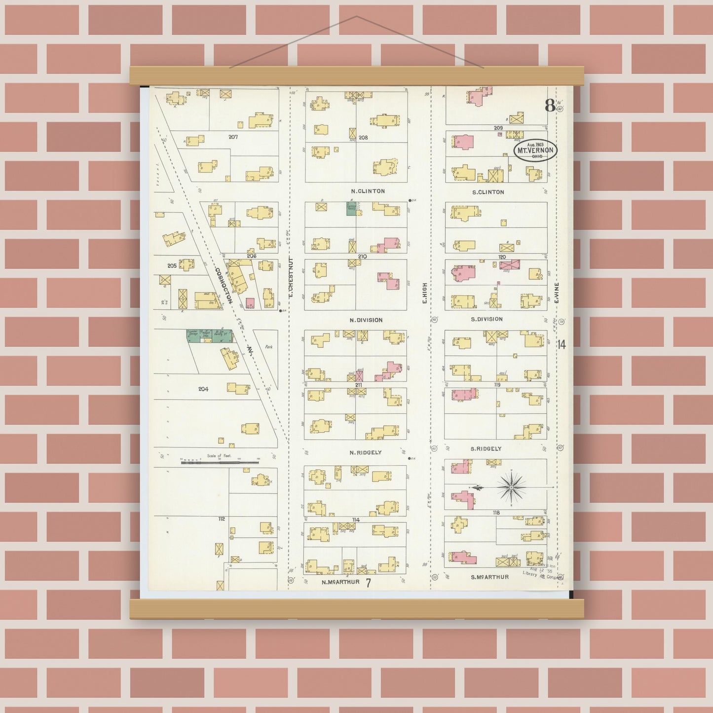 Old map wall art mockup — magnetic wood frame on brick wall — Sanborn Fire Insurance Map from Mount Vernon, Knox County, Ohio (1903), Sheet #0008